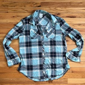 Francesca’s Flannel Plaid Shirt Blue and Pink
